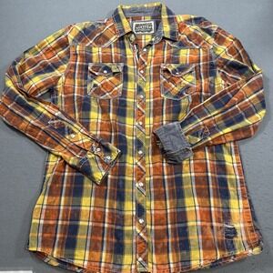 SHIRT BKE Men LRG VTG Standard Fit Distressed Cowboy Pearl Snap Plaid WESTERN